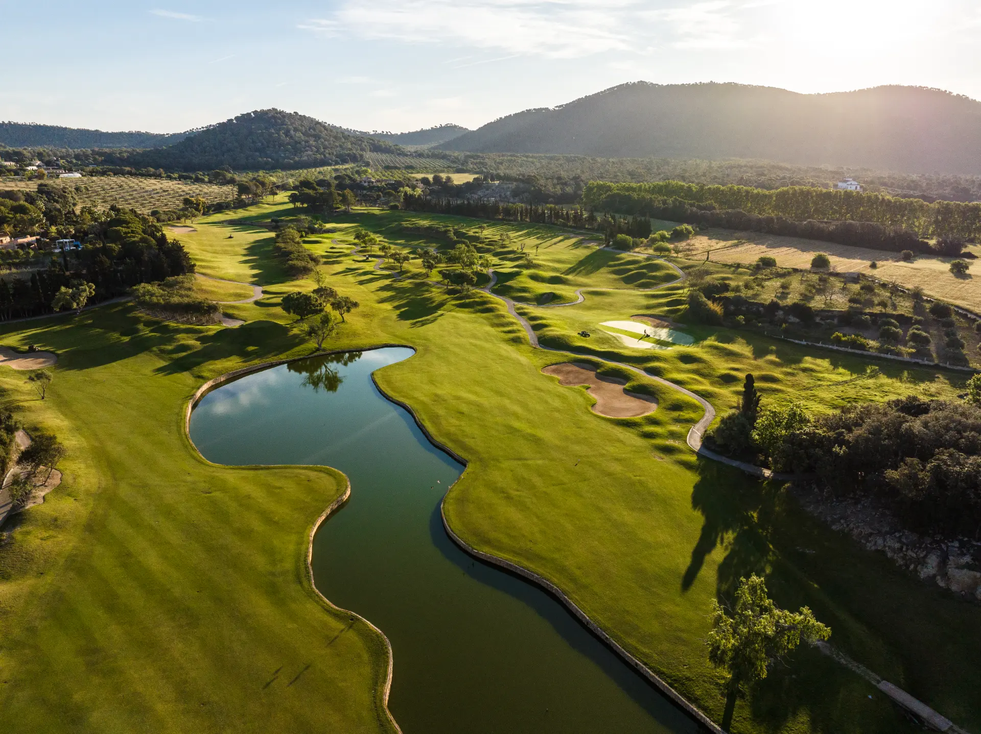 Panoramic view of Pula Golf in Mallorca featuring well-maintained fairways, Mediterranean landscape, and championship golf facilities.